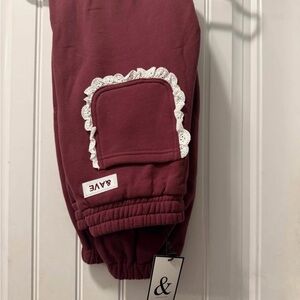 AMPERSAND AVE Burgundy Joggers with Lace Trim